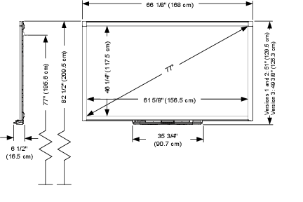 Height (Versions 1 and 2): 51" (129.5 cm); Height (Version 3): 49 3/8" (125.3 cm); Width: 66 1/8" (168 cm); Depth: 6 1/2" (16.5 cm); Diagonal: 77"
