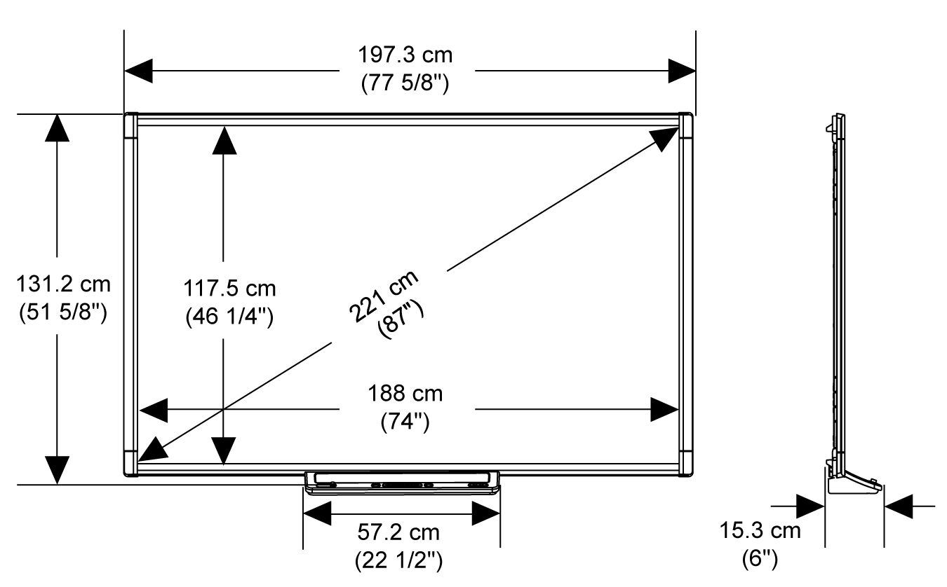 Width: 197.3 cm (77 5/8"); Height: 131.2 cm (51 5/8"); Depth: 15.3 cm (6"); Diagonal: (87")