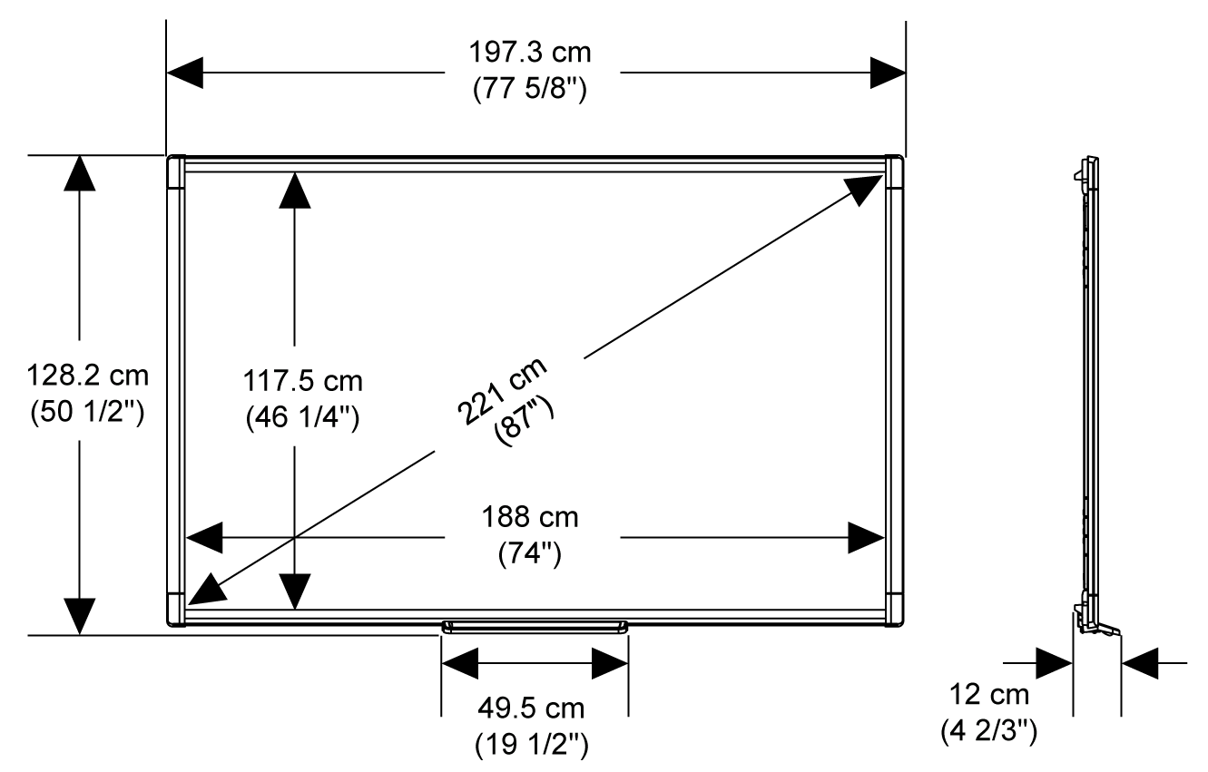 Width: 197.3 cm (77 5/8"); Height: 128.2 cm (50 1/2"); Depth: 12 cm (4 2/3"); Diagonal: (87")