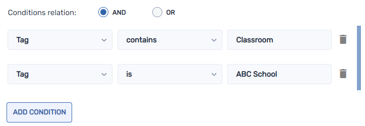 Example filter that searches for tags containing the word Classroom or set to ABC School