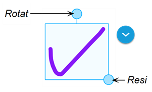 Quand un objet est sélectionné, il y a une poignée de rotation en haut, un bouton déroulant bleu sur le côté, et une poignée de redimensionnement dans le coin inférieur droit.