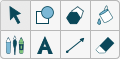 Der Screenshot zeigt die Befehle im Bereich "Werkzeug" an. Die oberste Zeile innerhalb des Bereichs enthält von links nach rechts die Optionen "Cursor", "Formen", "Regelmäßige Polygone" und "Füllung". Die untere Zeile enthält von links nach rechts die Optionen "Stifte", "Text", "Linien" und "Schwamm".