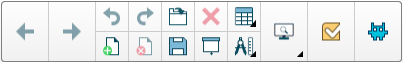 Der Screenshot zeigt die Bedienelemente des Bereichs "Aktionen". Von links nach rechts: die Pfeilschaltflächen "Nächste Seite" und "Vorherige Seite", die Befehle "Rückgängig" und "Wiederholen" über den Schaltflächen "Seite hinzufügen" und "Seite entfernen", der Befehl "Datei öffnen" über dem Befehl "Speichern", ein X über dem Befehl "Bildschirmvorhang ausblenden/anzeigen", der Befehl "Tabelle einfügen" über dem Werkzeug "Messungen einfügen", die Schaltfläche "Bildschirme anzeigen", die Schaltfläche "response 2 Beurteilungen hinzufügen" und zu guter Letzt die Schaltfläche "SMART lab Aufgaben hinzufügen".